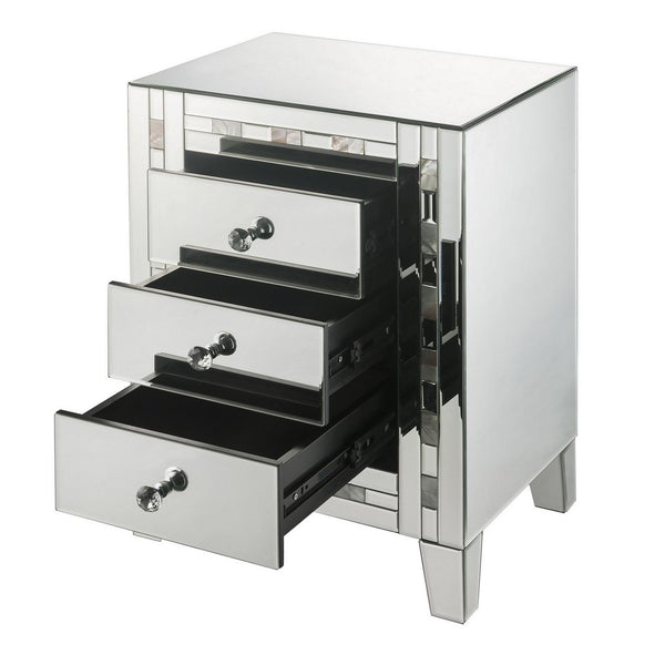 3 Drawer Beveled Mirrored Nightstand With Pearl Inlay, Silver
