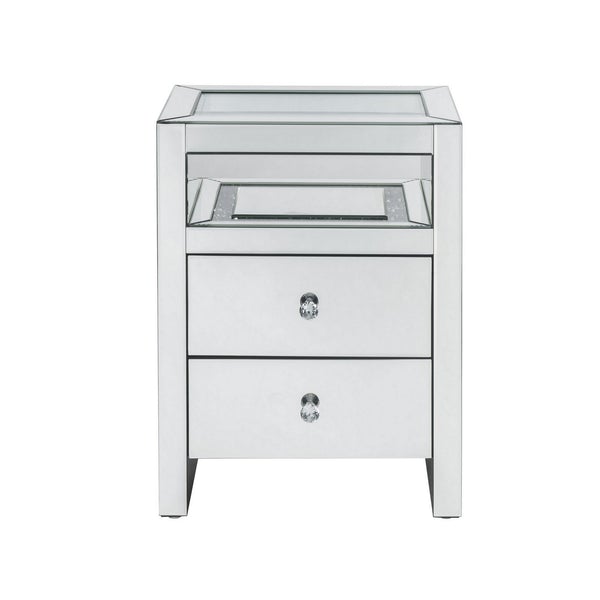 2 Drawer Beveled Mirrored Nightstand With Glass Top And LED, Silver