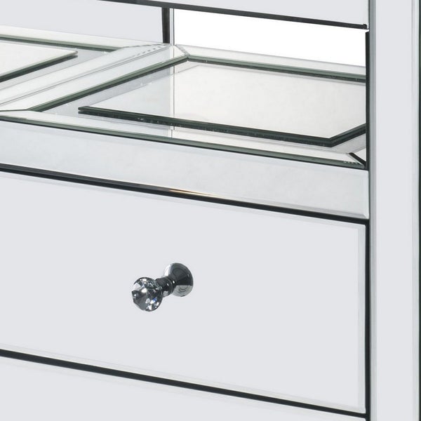 2 Drawer Beveled Mirrored Nightstand With Glass Top And LED, Silver
