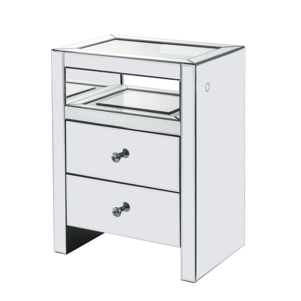 2 Drawer Beveled Mirrored Nightstand With Glass Top And LED, Silver
