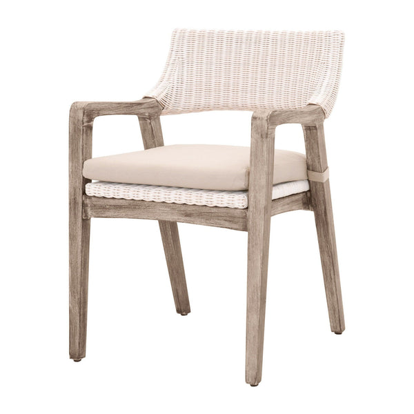 Wooden Frame Fabric Upholstered Wicker Arm Chair, Gray And Brown