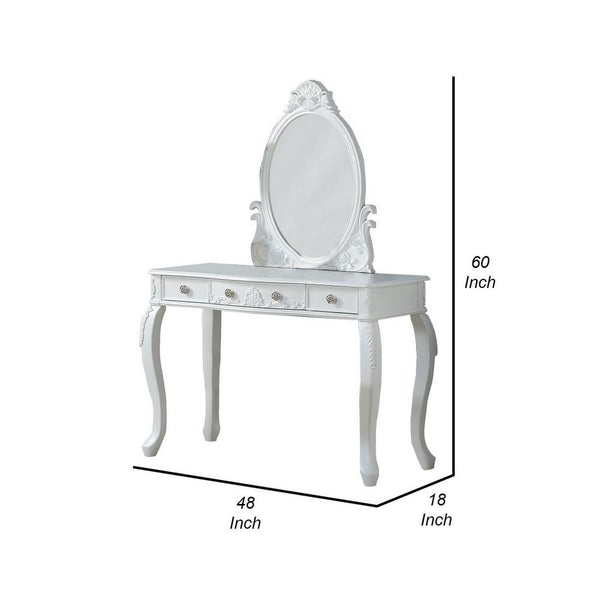 Vanity Set With Curved Legs And Three Drawers, White
