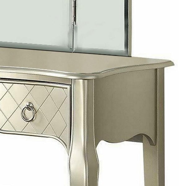 3 Drawer Wooden Carved Vanity Set With Curved Legs, Silver