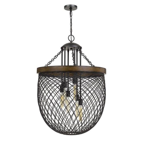 U Shaped Wire Mesh Shade Metal Chandelier With Wooden Rim, Black - BM233270