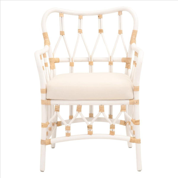 Lattice Design Wooden Arm Chair With Rattan Binding, White