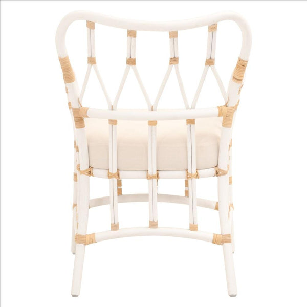 Lattice Design Wooden Arm Chair With Rattan Binding, White