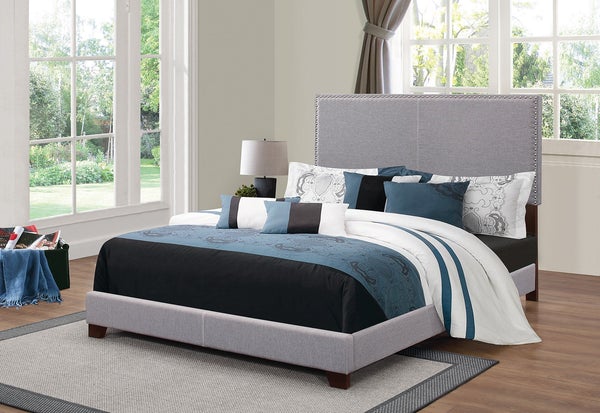 Fabric Upholstered Queen Size Platform Bed With Nail Head Trim, Gray