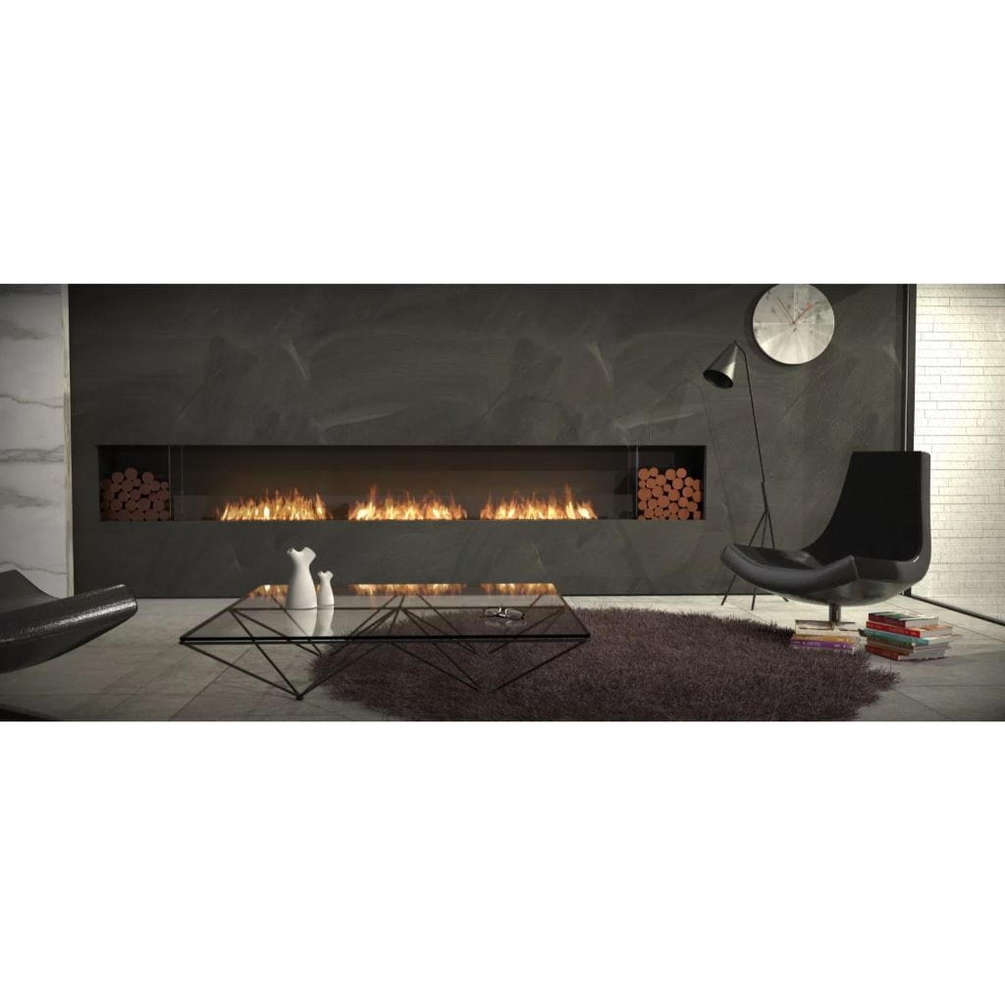 EcoSmart Fire Flex 104SS 112" Black Single Sided Ethanol Fireplace Insert with Stainless Steel Burner and Left Side Decorative Box with Black Glass Charcoal by Mad Design Group