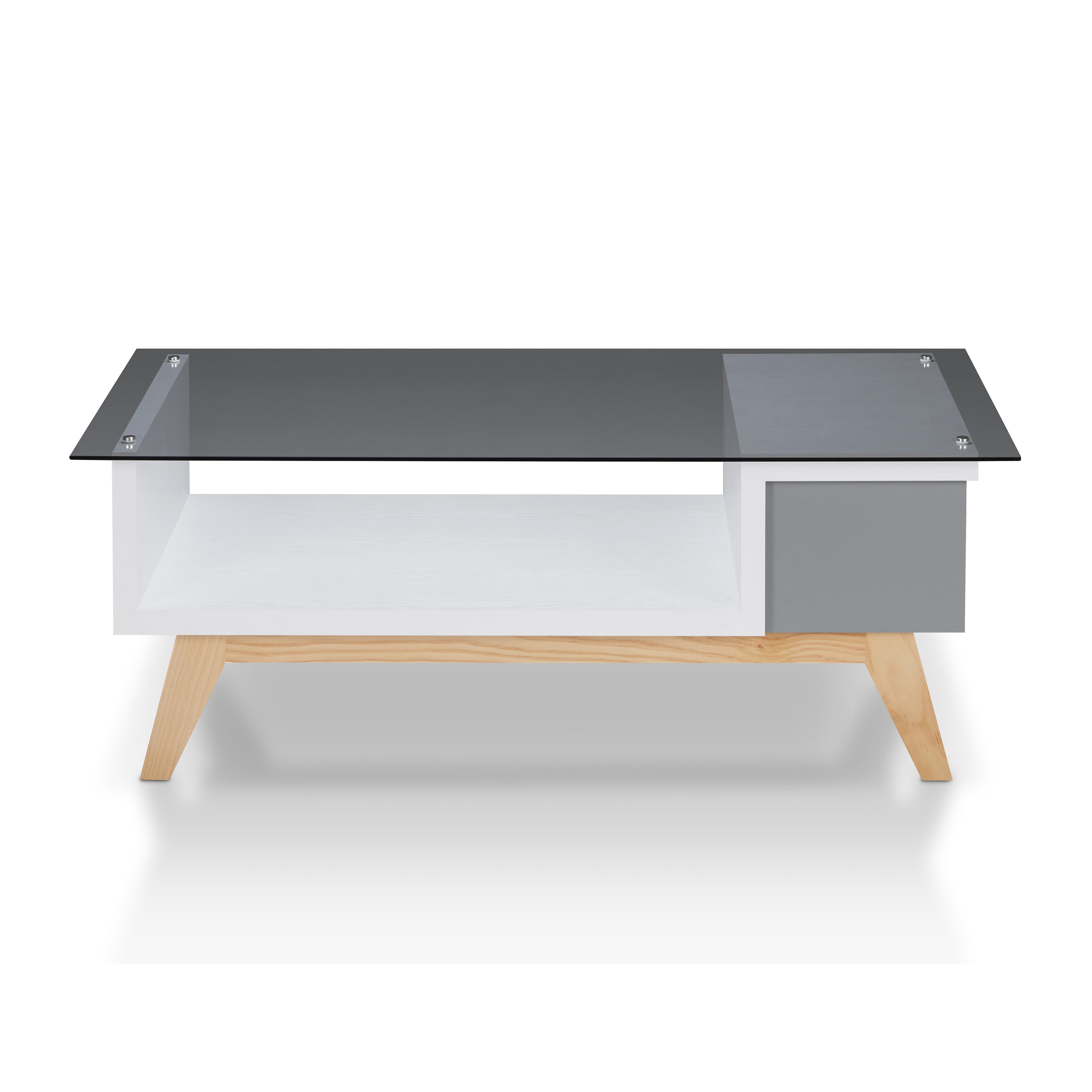 Ludwig Mid-Century Modern Glass Top Coffee Table in Gray and White
