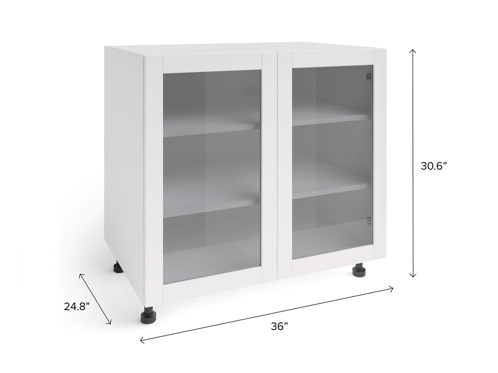 Home White Two Door Base Cabinet with glass doors, 36 Inch