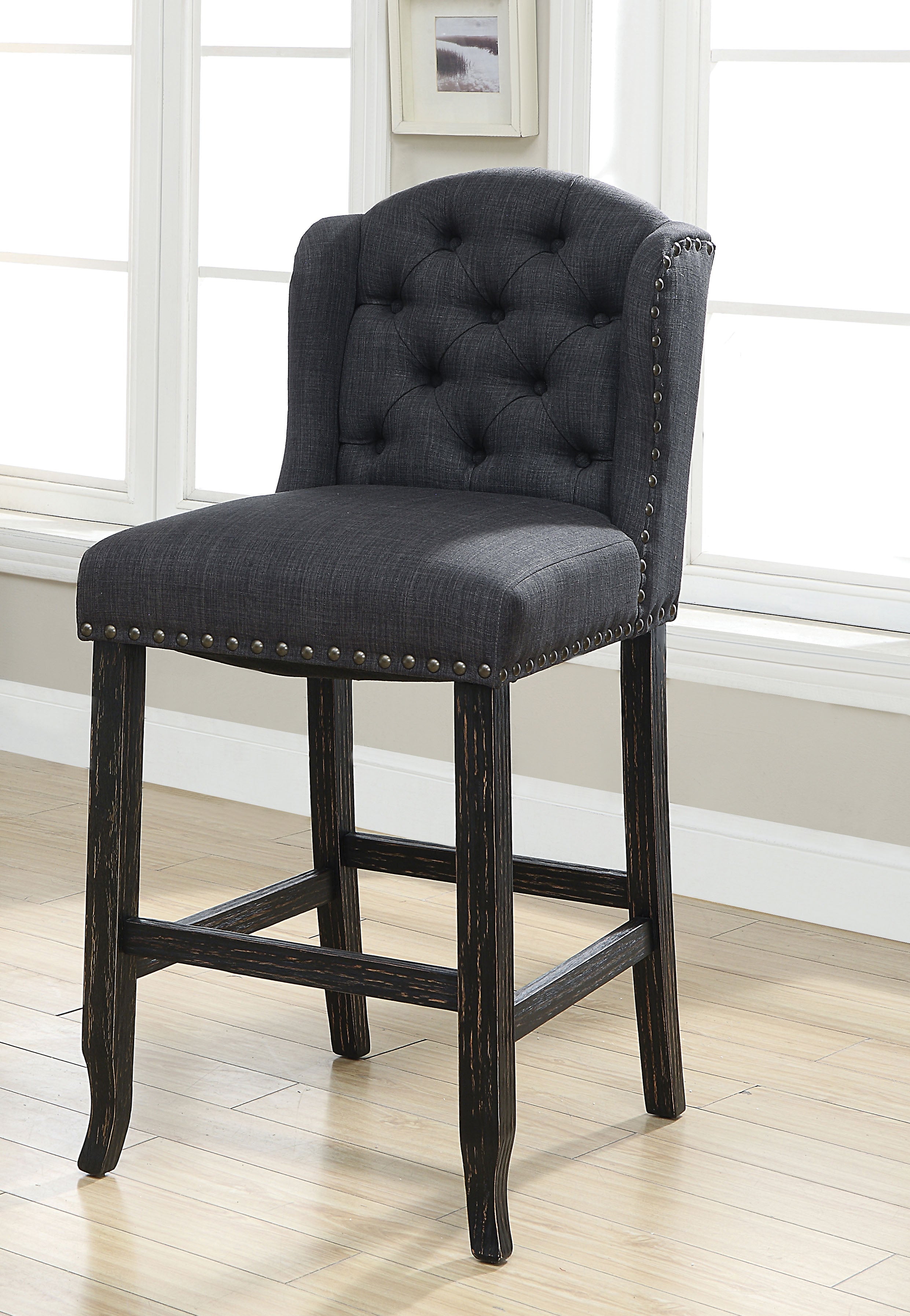 Lubbers Rustic Button Tufted Bar Chairs in Gray and Antique Black (Set of 2)