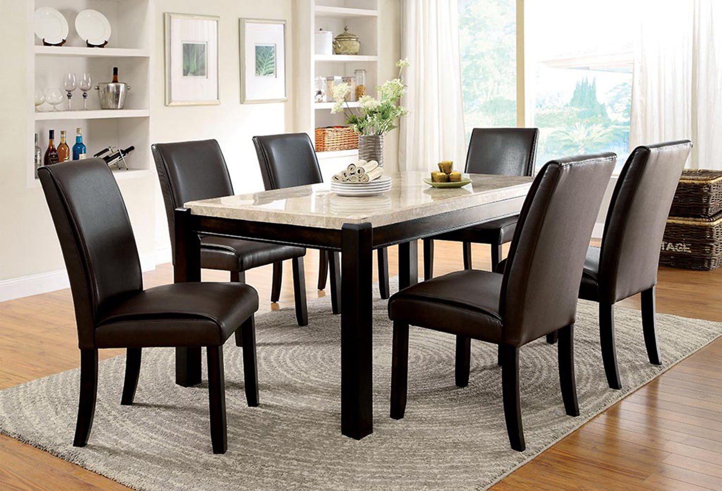 Rumie Contemporary Marble Top Dining Table in White and Dark Walnut