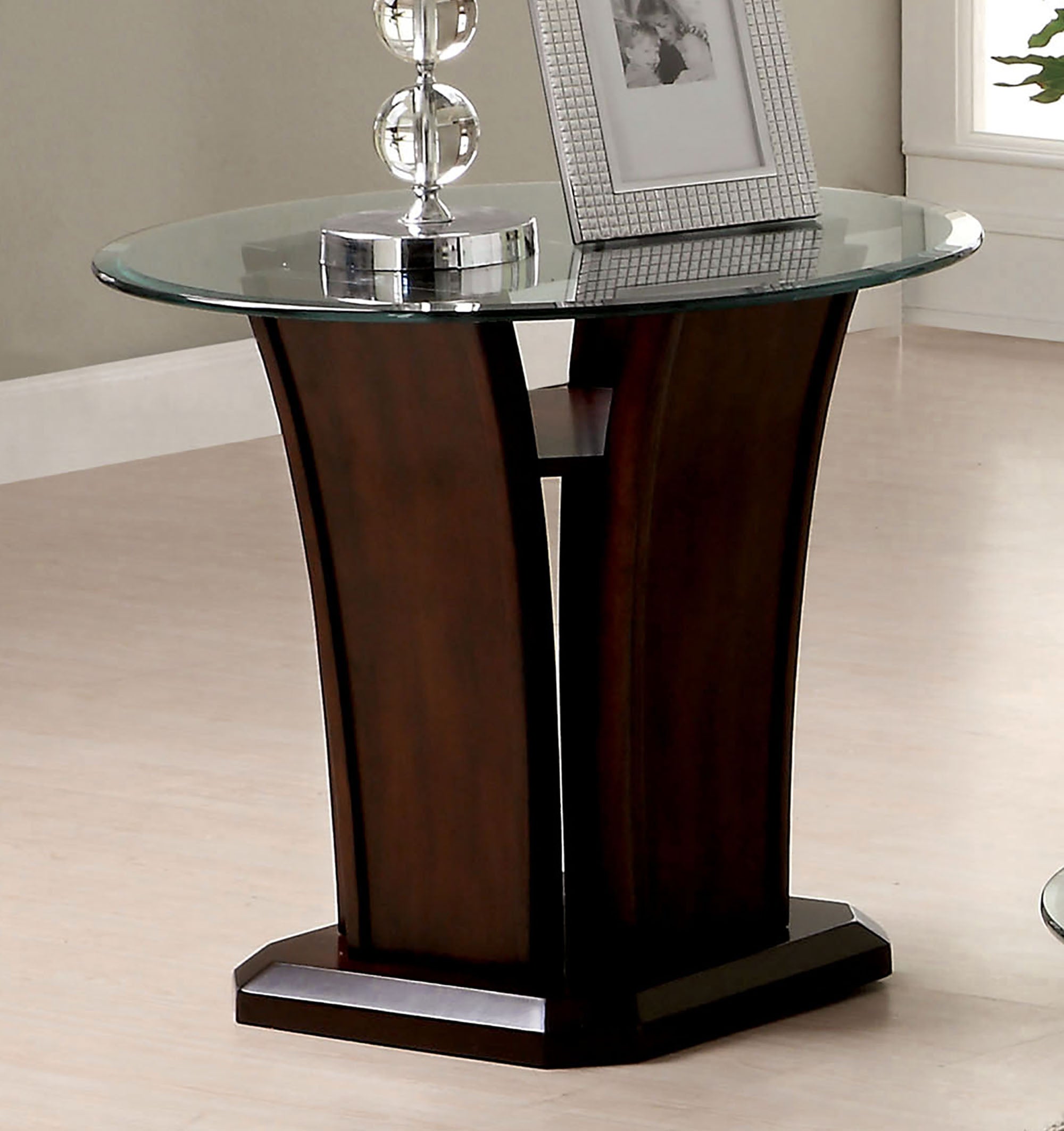 Jillyn Contemporary Glass Top End Table in Brown Cherry
