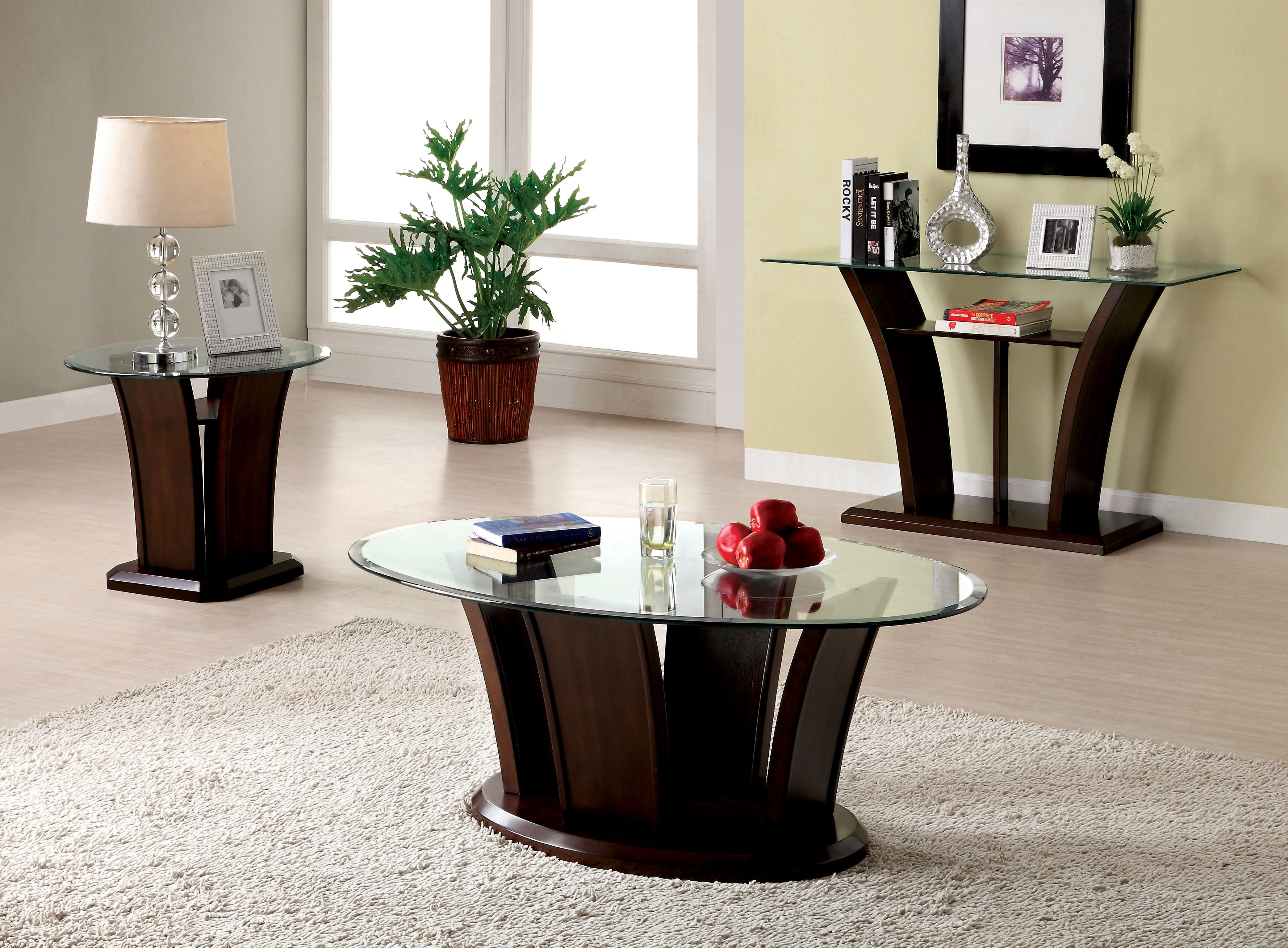 Jillyn Contemporary Glass Top End Table in Brown Cherry