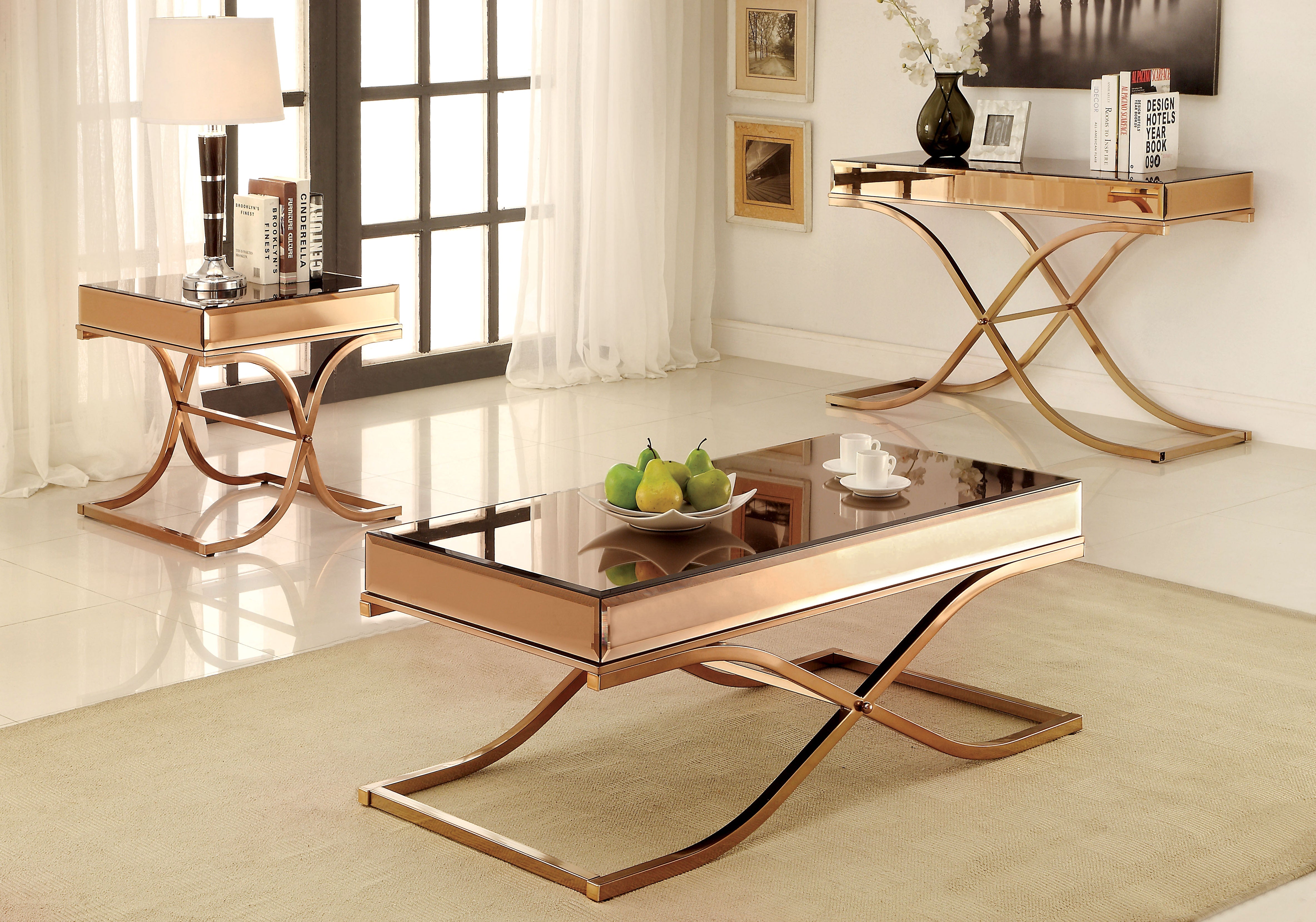 Lorrisa Contemporary Glass Top Coffee Table in Brass