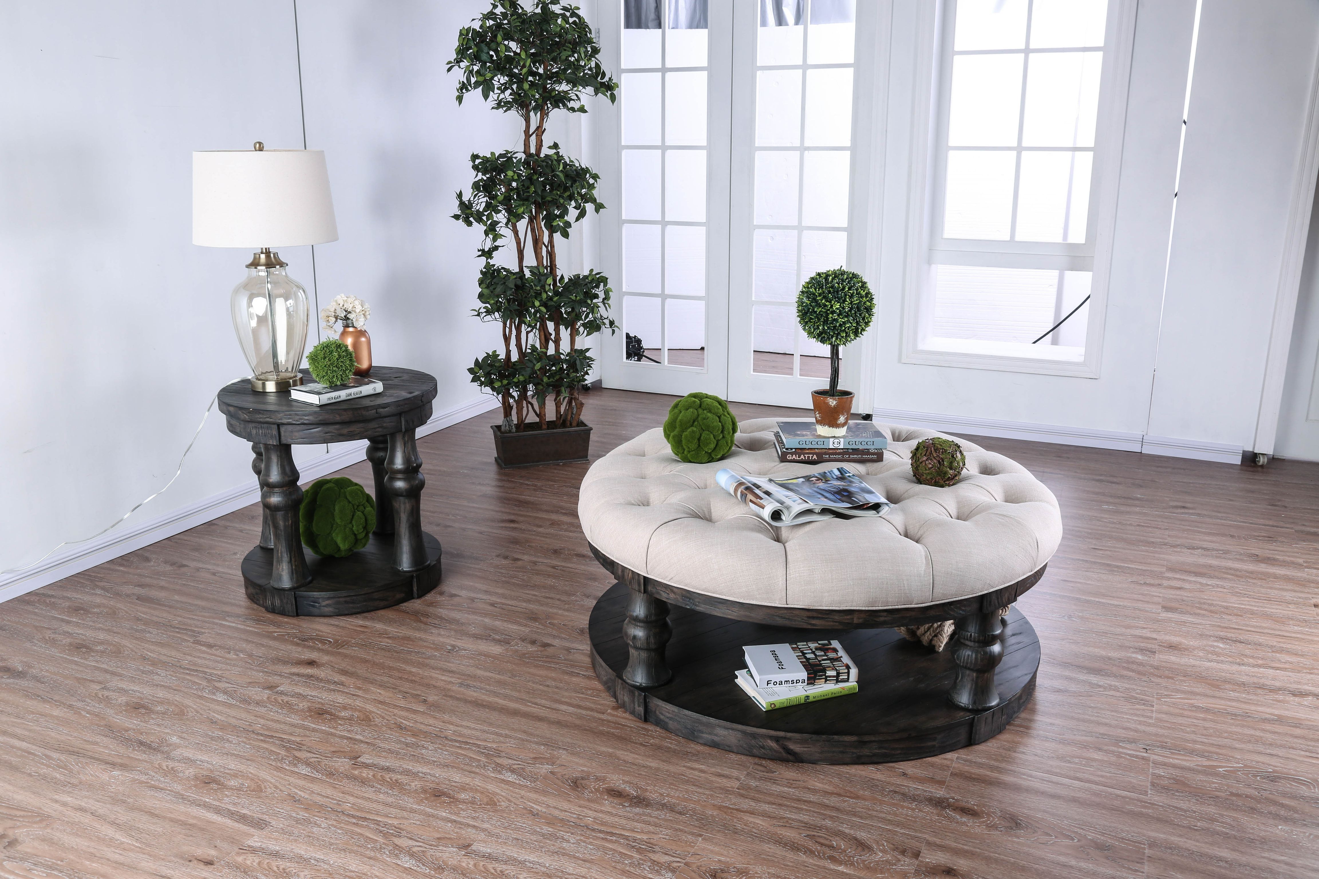 Cintra Rustic Tufted Cushion Top Coffee Table in Antique Gray