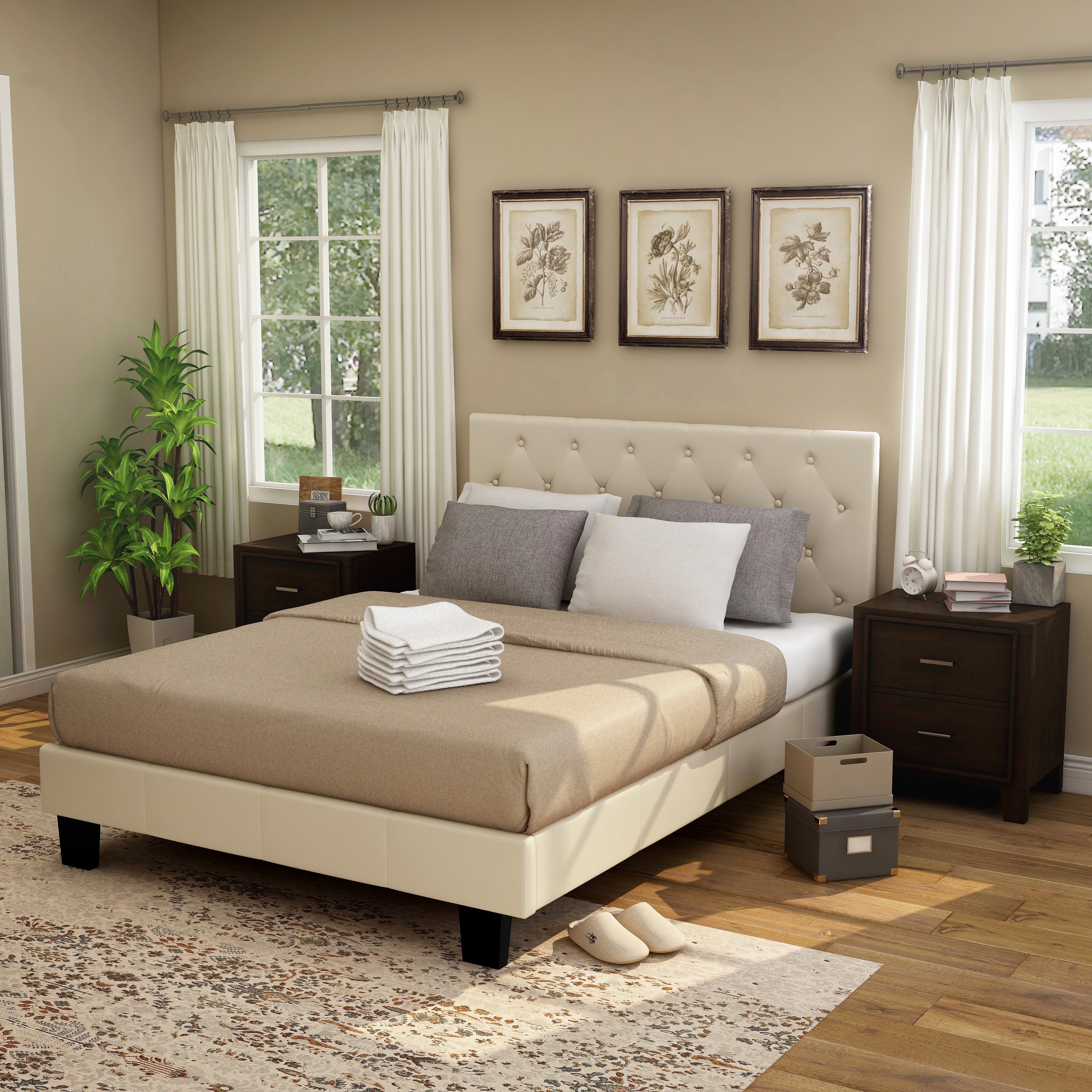 Valdimar Contemporary Fabric Queen Platform Bed in Ivory