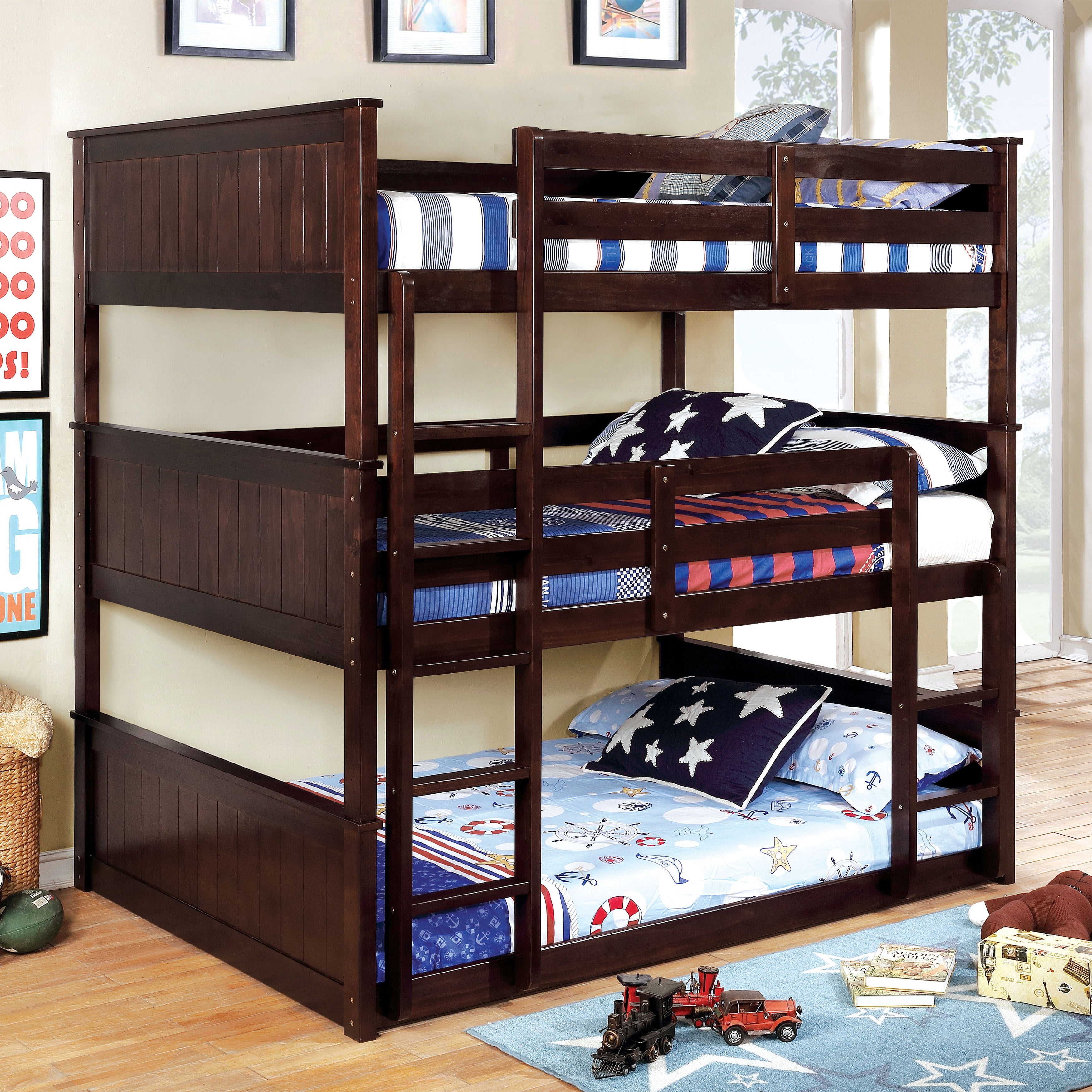 Stephen Transitional Solid Wood Twin Triple Bunk Bed in Dark Walnut