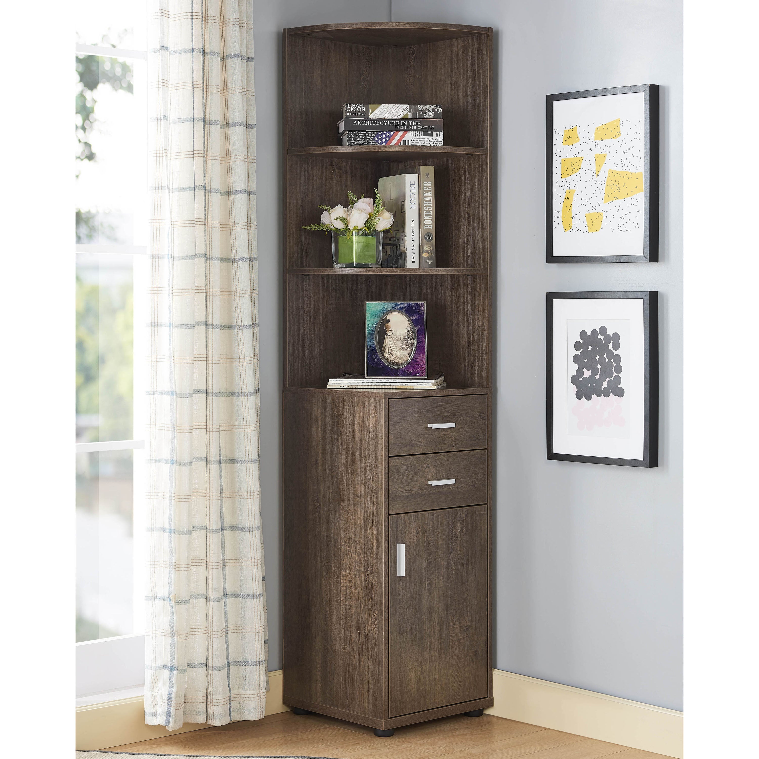 Ingol 3-Shelf Corner Bookcase in Walnut Oak