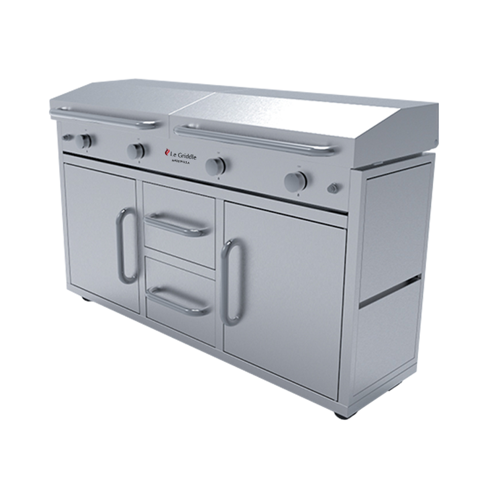 Le Griddle The Grand Texan 4 Burner Freestanding Gas Griddle with Cart, Dual Plate Surface & Fold-Down Side Shelves