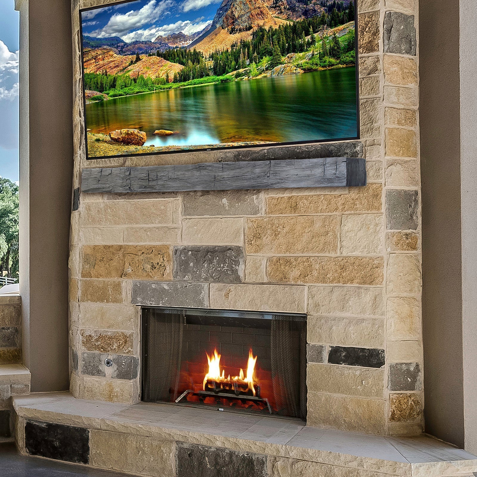Lexington Hearth Hayloft Beam 60" Handcrafted Non-Combustible Weathered Gray Mantel Shelf Kit