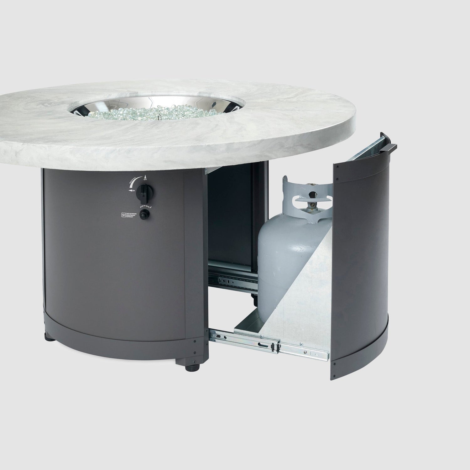 The Outdoor GreatRoom Company Beacon 48" White Onyx Round Gas Fire Pit Table with Crystal Fire® Plus Burner