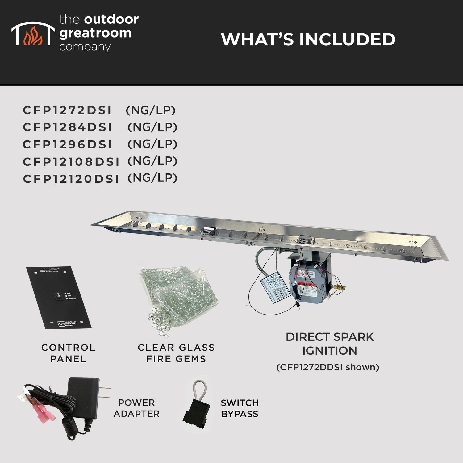 The Outdoor GreatRoom Company Crystal Fire 12" x 108" Commercial-Grade Stainless Steel Linear Gas Burner
