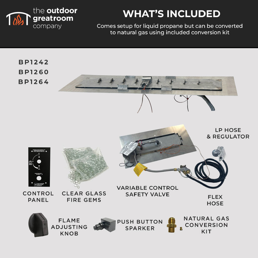 The Outdoor GreatRoom Company Crystal Fire Plus 13.5" x 64" Linear Direct Spark LPG Gas Burner Plate – 100,000 BTU, Stainless Steel