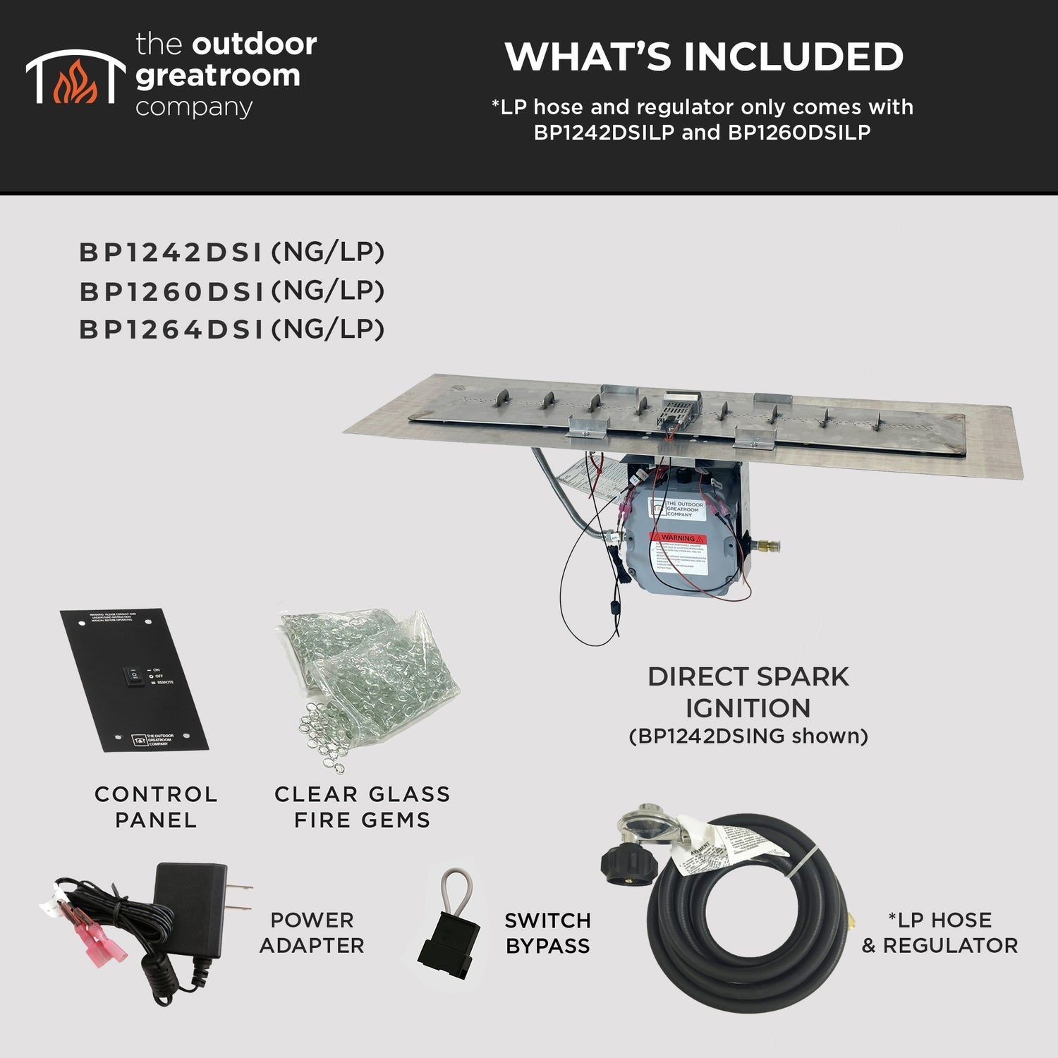 The Outdoor GreatRoom Company Crystal Fire Plus 13.5" x 42" Stainless Steel Linear Gas Burner Plate with Direct Spark Ignition (NG)