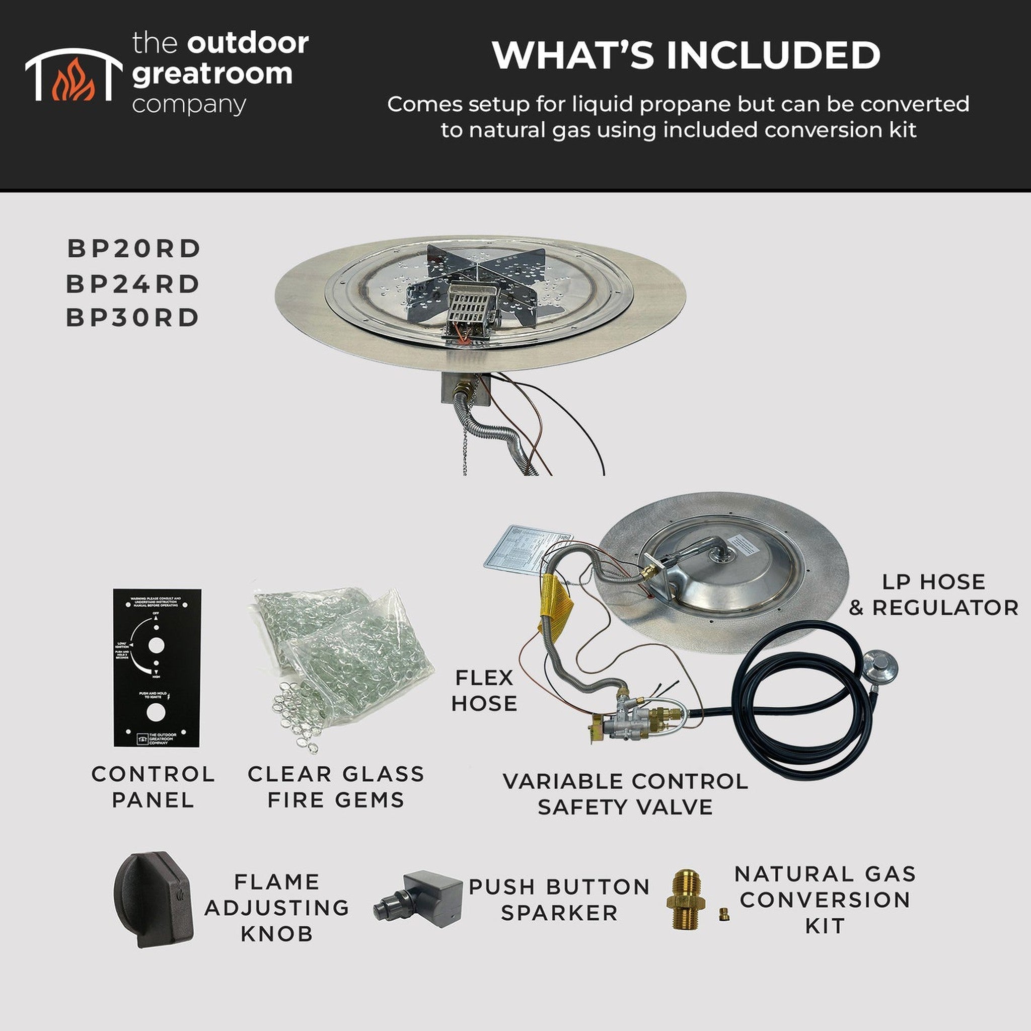 The Outdoor GreatRoom Company 20" Round Crystal Fire Plus Manual Gas Burner Insert and Plate Kit