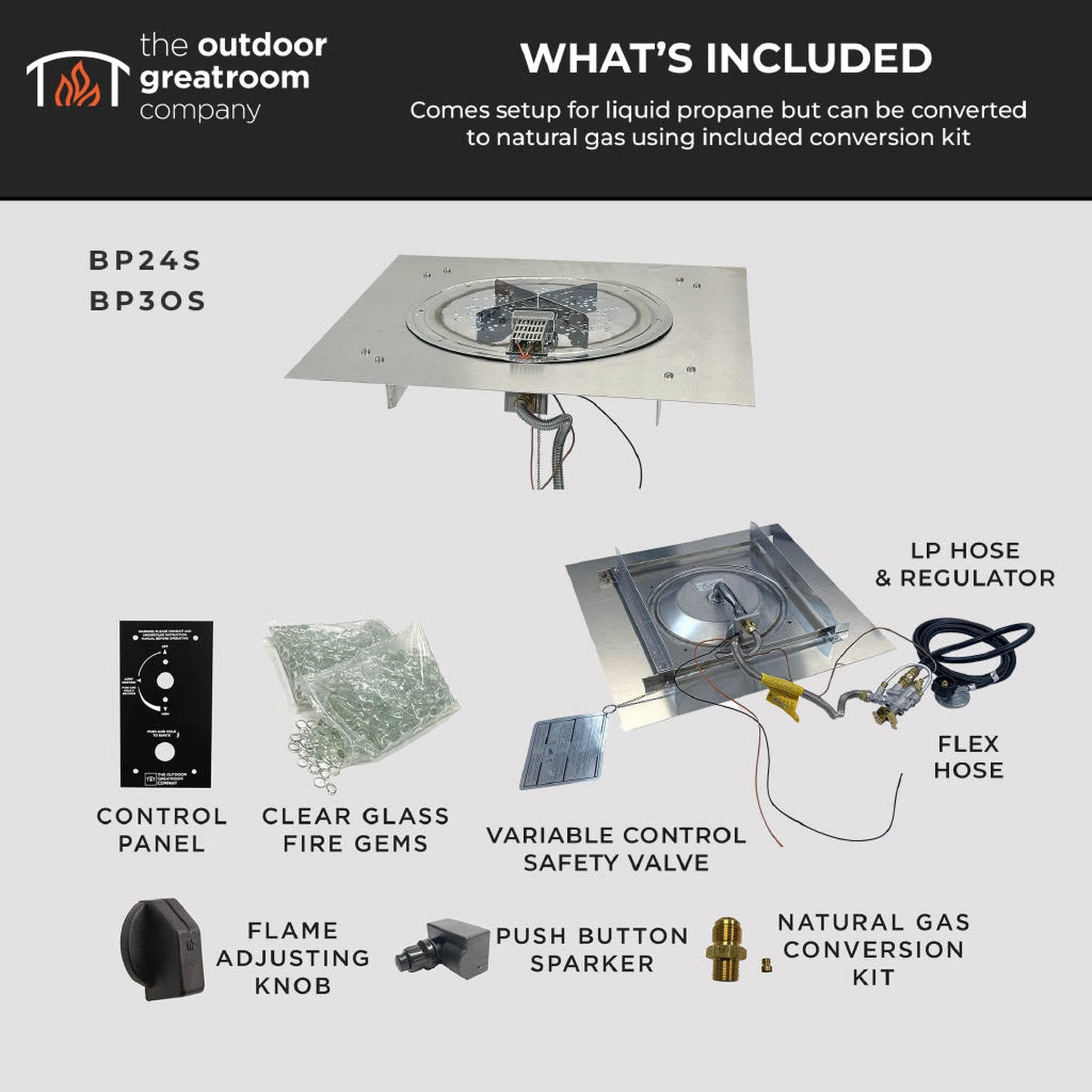 The Outdoor GreatRoom Company Crystal Fire Plus 24" x 24" Square Stainless Steel Manual Gas Burner Kit