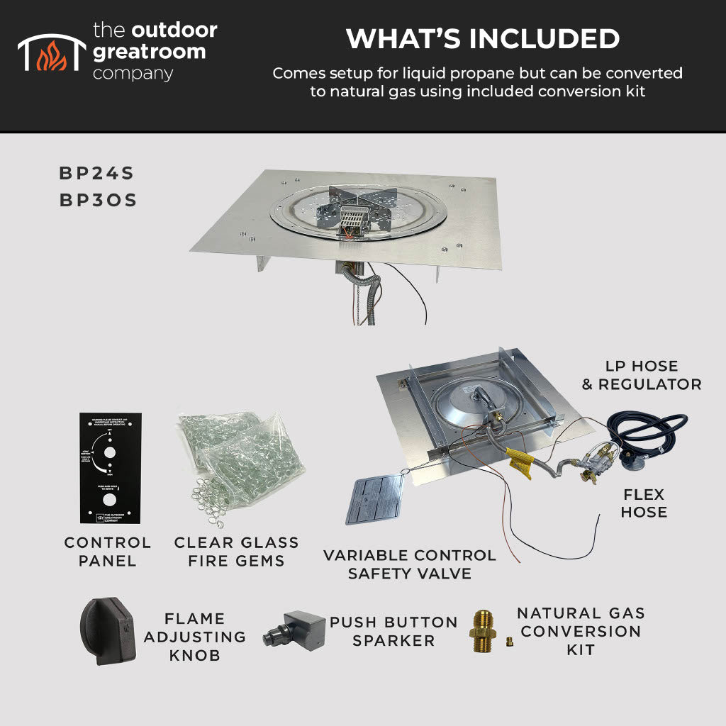 The Outdoor GreatRoom Company Crystal Fire Plus 36" Square Direct Spark LPG Gas Burner Insert with Stainless Plate Kit