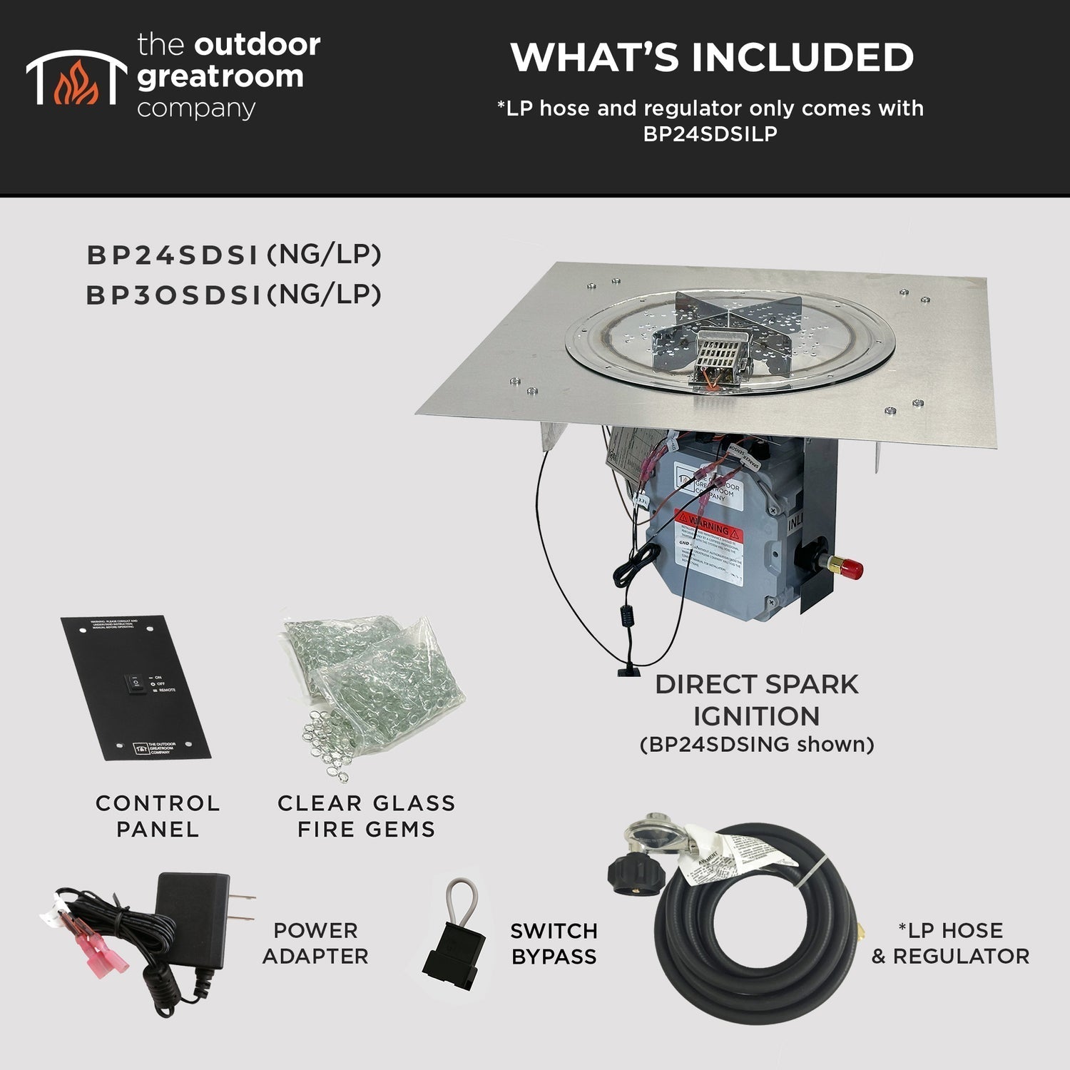 The Outdoor GreatRoom Company Crystal Fire Plus 36" Square Direct Spark LPG Gas Burner Insert with Stainless Plate Kit