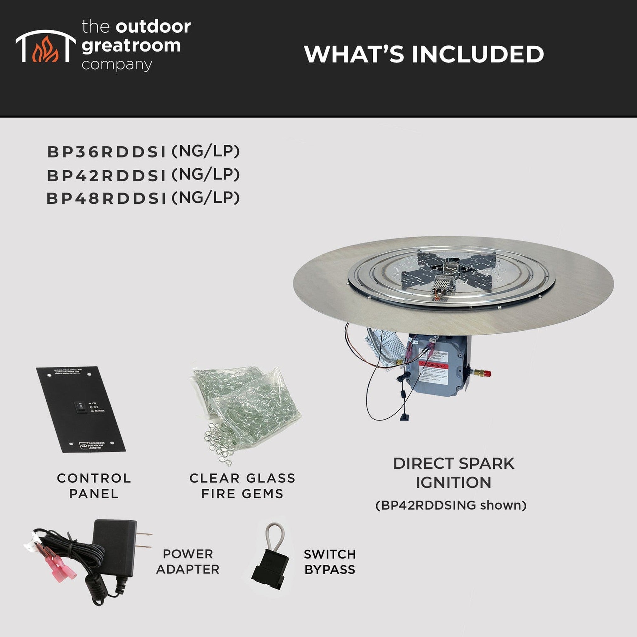 The Outdoor GreatRoom Company 30" Round Crystal Fire Plus Direct Spark LPG Burner Kit with Stainless Steel Plate