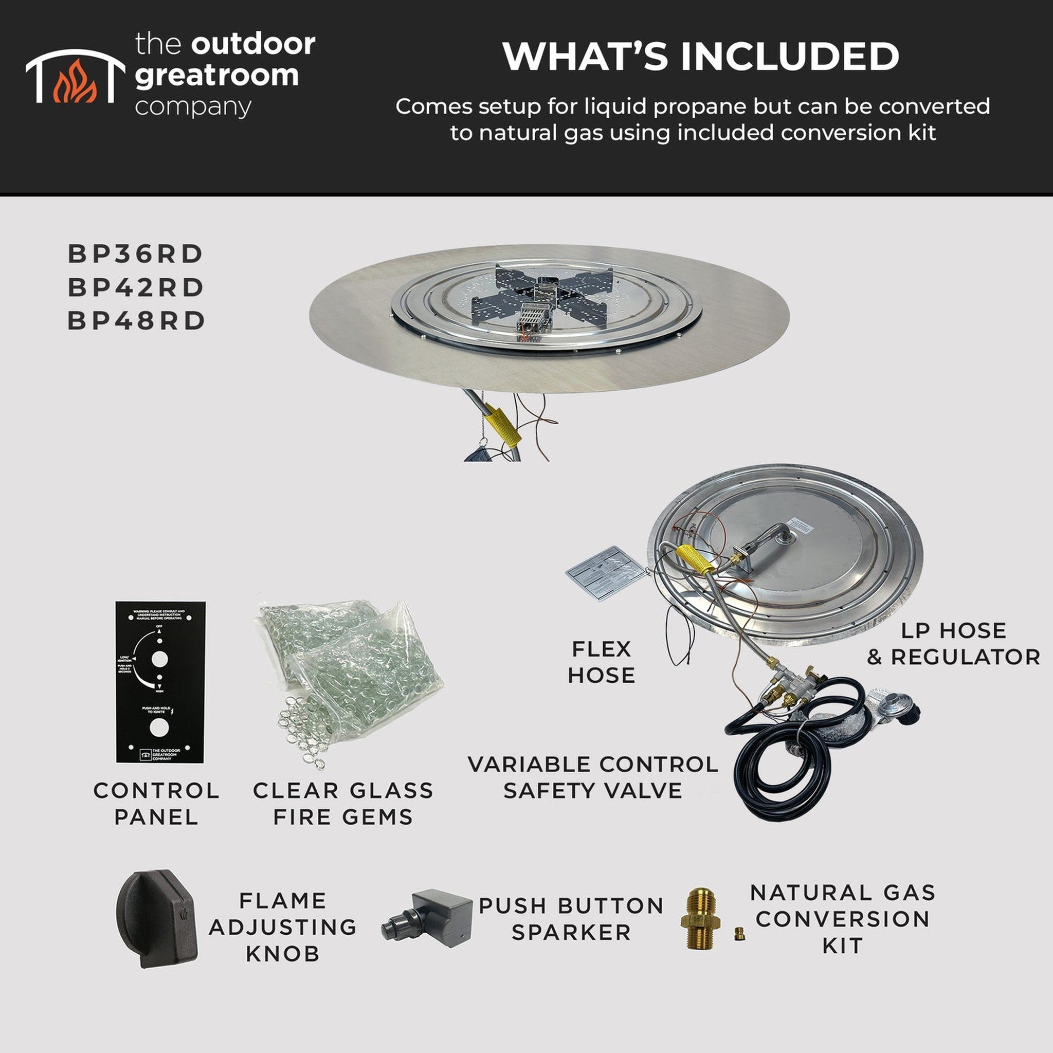The Outdoor GreatRoom Company 36" Round Crystal Fire Plus Direct Spark LPG Gas Burner Kit with Stainless Steel Plate