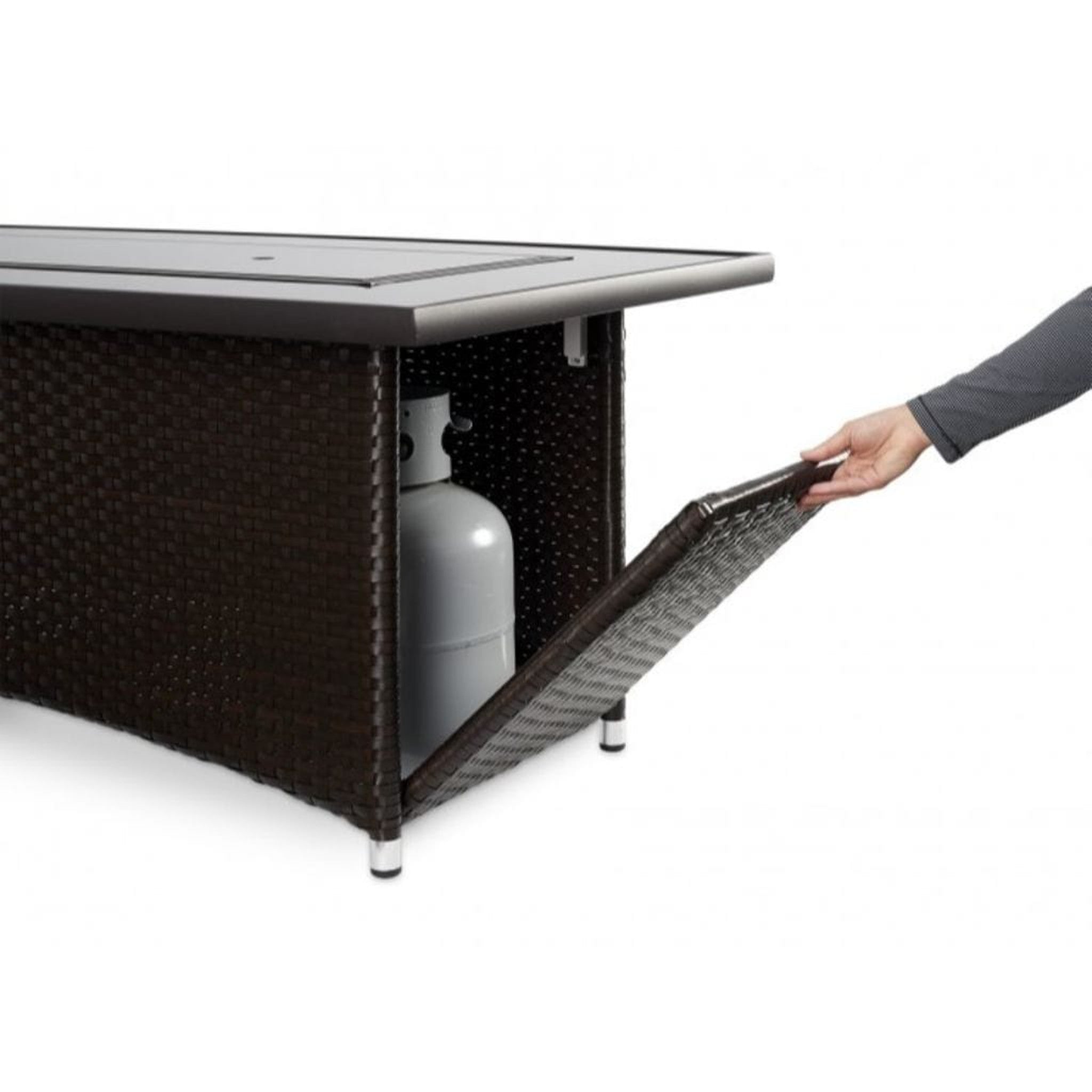 The Outdoor GreatRoom Company Montego 59" Balsam Resin Wicker Linear Gas Fire Pit Table with Black Glass Top