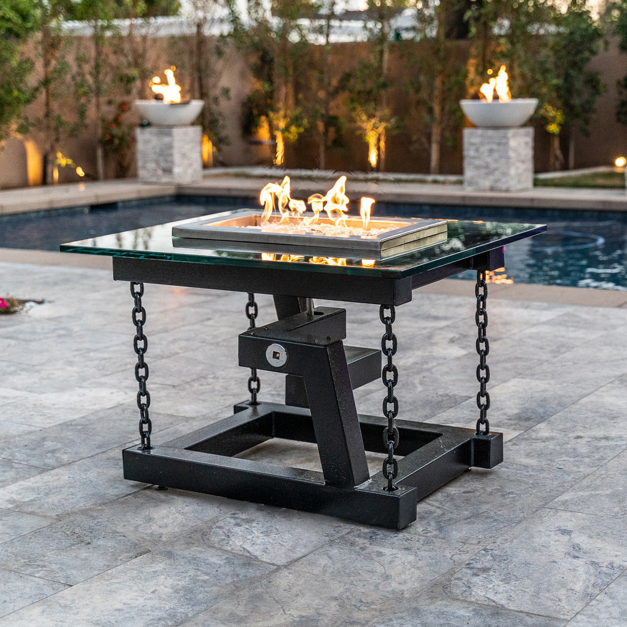 66" Silver Vein Powder Coated Metal Natural Gas Fire Pit by The Outdoor Plus - Chain Support and Match Lit Ignition