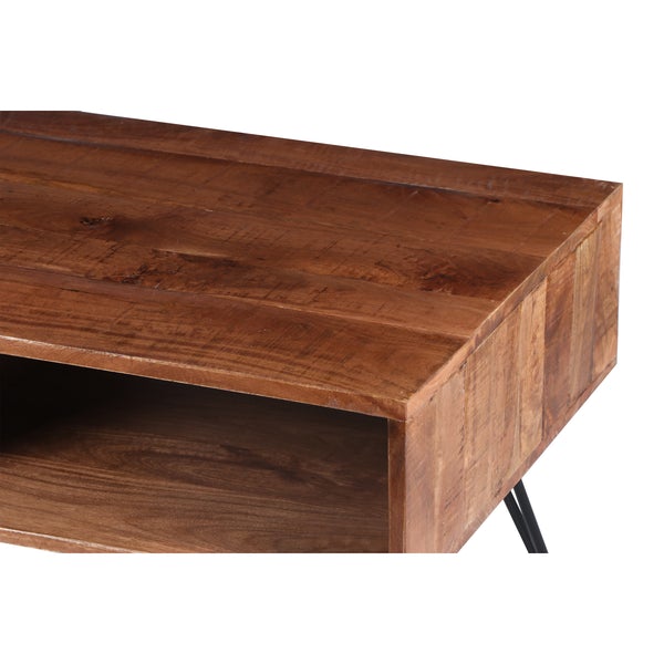 42 Inch Handcrafted Mango Wood Coffee Table With Metal Hairpin Legs, Brown And Black
