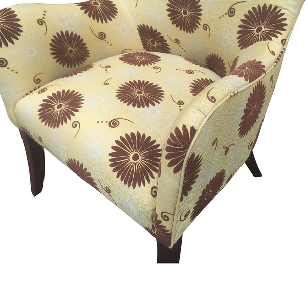 Patterned Fabric Arm Upholstered Side Sofa Chair With Flared Legs, Brown And Yellow