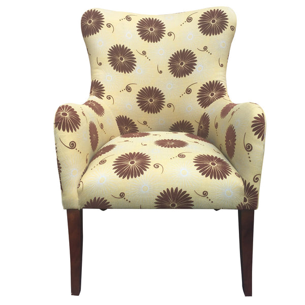 Patterned Fabric Arm Upholstered Side Sofa Chair With Flared Legs, Brown And Yellow