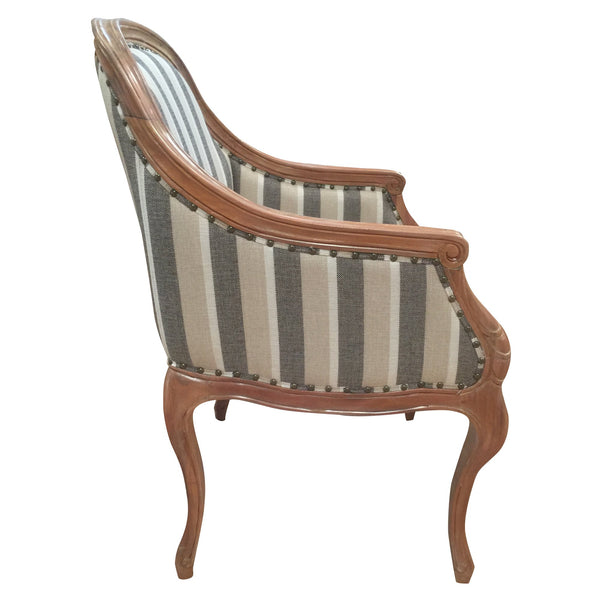Striped Fabric Arm Wooden Frame Side Sofa Chair, Gray And White