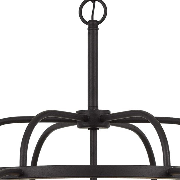 6 Bulb Chandelier With Wooden And Perforated Metal Frame, Black And Brown - BM225608