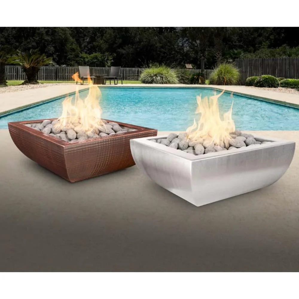 The Outdoor Plus 24 Inch Avalon Hammered Copper & Stainless Steel Square Fire Bowl