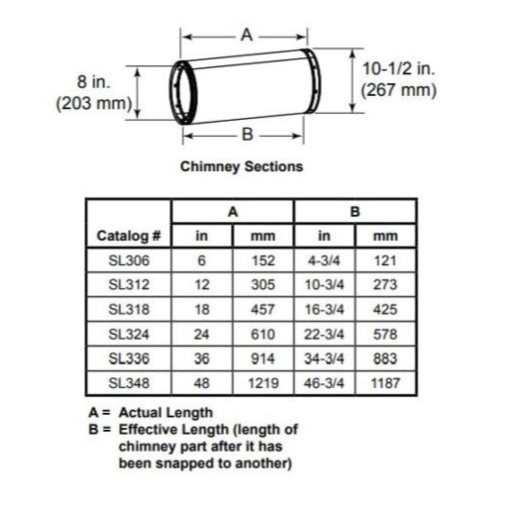 Majestic - SL300 Series Chimney Pipe Section - 8" Inner Diameter