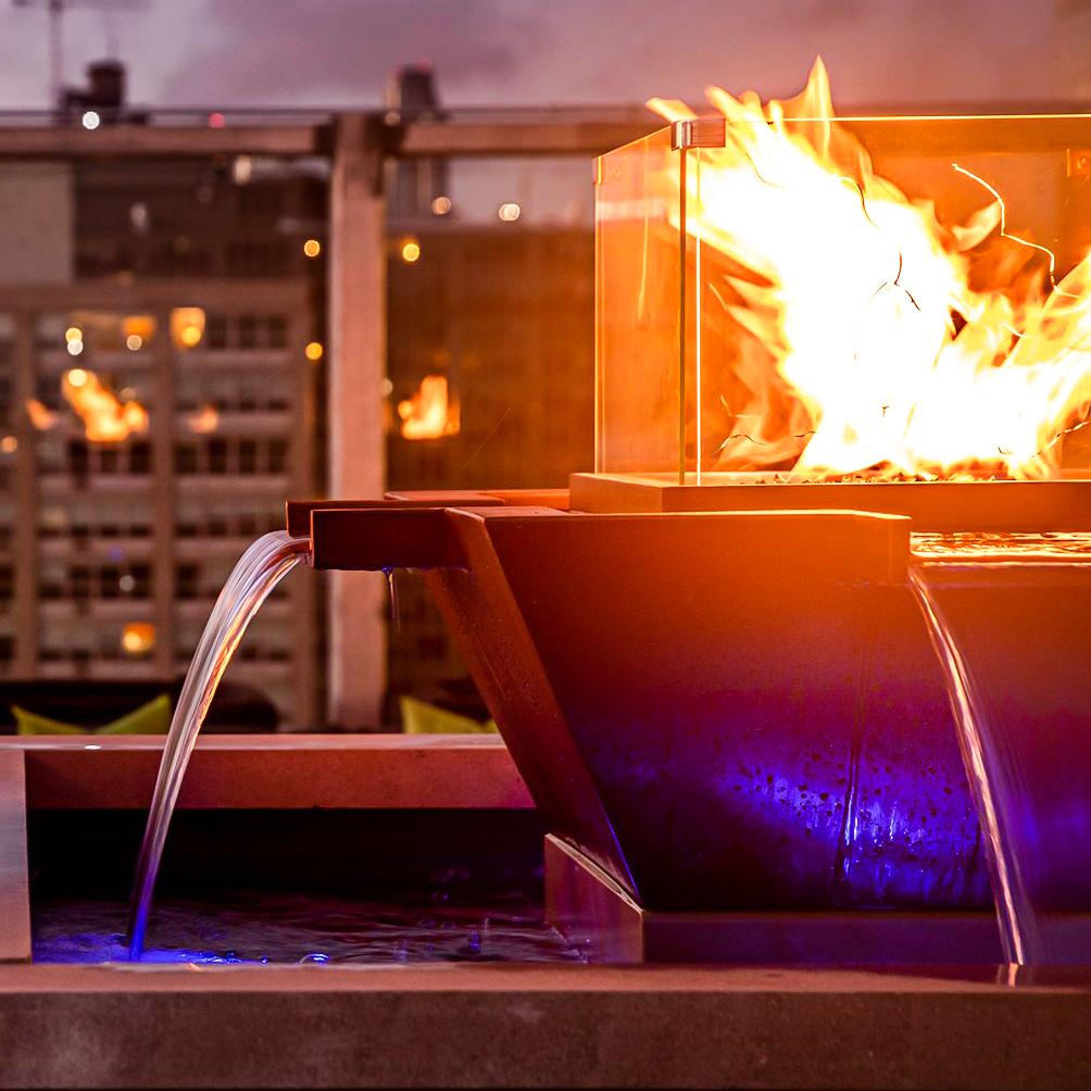 The Outdoor Plus 30 Inch Maya Hammered Copper 4-Way Spillway Square Fire & Water Bowl
